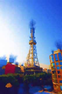 Illust, materieel, vrij, landschap, schilderstuk, schilderstuk, kleuren potlood, crayon, werkje,Nagoya Television Tower, Tv toren, Een elektrische golf, TV, Tv