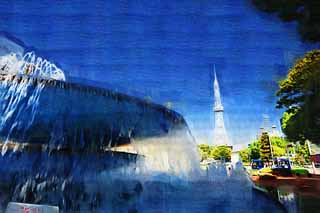 illustration,material,free,landscape,picture,painting,color pencil,crayon,drawing,Nagoya Television Tower and a fountain, television tower, An electric wave, TV, Television