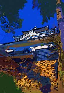 Illust, materieel, vrij, landschap, schilderstuk, schilderstuk, kleuren potlood, crayon, werkje,Okazaki Kasteel, Kasteel, Dak, Ieyasu Tokugawa, De geschiedenis