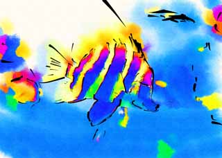 illust, materiale, libero panorama, ritratto dipinto, matita di colore disegna a pastello, disegnando,Pesce tropicale, Nuotando, Pesce tropicale, Nero, Giallo