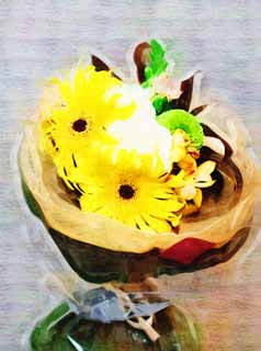 illustration,material,free,landscape,picture,painting,color pencil,crayon,drawing,The bouquet which is an adult, flower, bouquet, The presentation, Yellow