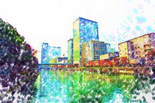illustration,material,free,landscape,picture,painting,color pencil,crayon,drawing,Scenery from Yodoyabashi, high-rise building, Tosabori River, building, city