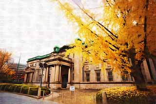 illustration,material,free,landscape,picture,painting,color pencil,crayon,drawing,Bank of Japan Osaka office, ginkgo, Colored leaves, The history, Bank of Japan