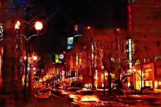 illustration,material,free,landscape,picture,painting,color pencil,crayon,drawing,The night of an authority of Sapporo station square, Tail lamp, Illuminations, light, I am beautiful