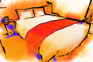 illust, materiale, libero panorama, ritratto dipinto, matita di colore disegna a pastello, disegnando,Un letto di un albergo, Mobilia, letto, , cuscino