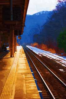 illustration,material,free,landscape,picture,painting,color pencil,crayon,drawing,A platform, track, raised block, station, home