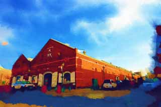 illustration,material,free,landscape,picture,painting,color pencil,crayon,drawing,A red brick warehouse, red brick, warehouse, The history, port