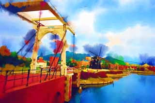 illust, materiale, libero panorama, ritratto dipinto, matita di colore disegna a pastello, disegnando,Un ponte ed un mulino a vento, nube, canale, Il Paesi Bassi, mulino a vento