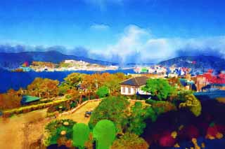 illust, matire, libre, paysage, image, le tableau, crayon de la couleur, colorie, en tirant,Balayage de Port Nagasaki de l'oeil, Port Nagasaki, grue, construire, pont