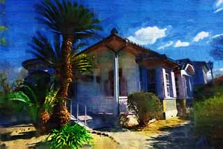 illustration,material,free,landscape,picture,painting,color pencil,crayon,drawing,Old Walker house, Western-style building, house, window, Cycad