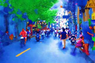 illust, material, livram, paisagem, quadro, pintura, lpis de cor, creiom, puxando,De acordo com Shanghai, motocicleta, bicicleta, Asfalto, transeunte