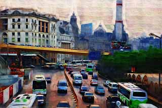 illustration,material,free,landscape,picture,painting,color pencil,crayon,drawing,According to Shanghai, bus, taxi, Asphalt, The Y tongue