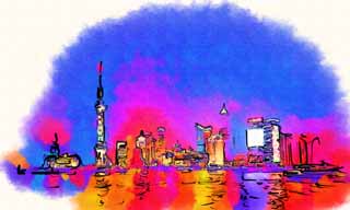 illust, material, livram, paisagem, quadro, pintura, lpis de cor, creiom, puxando,Uma viso noturna de Huangpu Jiang, Torre de bola clara Oriental, Eu ilumino isto, Iluminao, navio