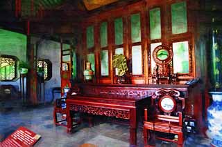 illust, materiale, libero panorama, ritratto dipinto, matita di colore disegna a pastello, disegnando,La stanza di 36 edificio di anatre di mandarino di Zhuozhengyuan, sedia, , tavola, giardino