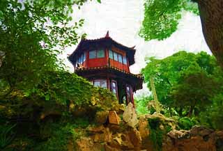 illust, materiale, libero panorama, ritratto dipinto, matita di colore disegna a pastello, disegnando,L'architettura di Zhuozhengyuan, Architettura, Un ottagono, montagna provvisoria, giardino