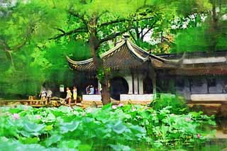 illustration,material,free,landscape,picture,painting,color pencil,crayon,drawing,The architecture of Zhuozhengyuan, Architecture, circle, Hasuike, garden