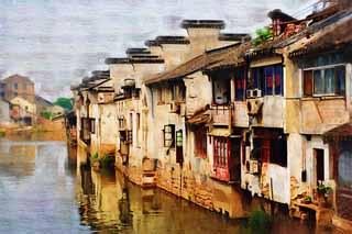 Illust, materieel, vrij, landschap, schilderstuk, schilderstuk, kleuren potlood, crayon, werkje,Een huis van Suzhou, Venster, Kanaal, Waterkant, Huis
