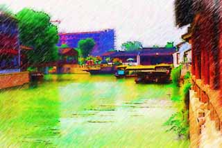 Illust, materieel, vrij, landschap, schilderstuk, schilderstuk, kleuren potlood, crayon, werkje,Een kanaal van Suzhou, Schip, Kanaal, Waterkant, Bouwlocatie