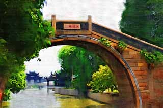 Illust, materieel, vrij, landschap, schilderstuk, schilderstuk, kleuren potlood, crayon, werkje,Een brug van Suzhou, Brug, Stenig bruggen, Een aarts, Kanaal
