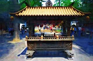 illustration,material,free,landscape,picture,painting,color pencil,crayon,drawing,The incense stick case of the mountain in winter temple, An incense stick, Flame, roof, Buddhism
