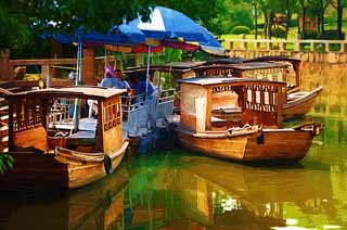 illust, materiale, libero panorama, ritratto dipinto, matita di colore disegna a pastello, disegnando,Una barca di Suzhou, piccola barca, vaso di legno, canale, Acqua