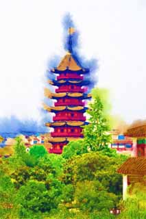 illustration,material,free,landscape,picture,painting,color pencil,crayon,drawing,An auspicious light tower, Chinese style, roof, I am cinnabar red, tower for Taho-nyorai