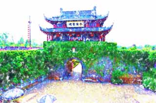 illustration,material,free,landscape,picture,painting,color pencil,crayon,drawing,The board gate, The gate, roof, Ishigaki, Military affairs