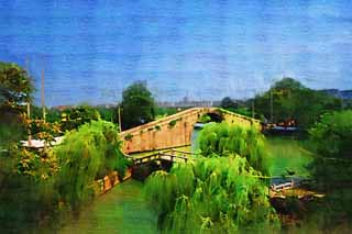 illustration,material,free,landscape,picture,painting,color pencil,crayon,drawing,The Kure gate bridge, stone bridge, An arched bridge, canal, willow