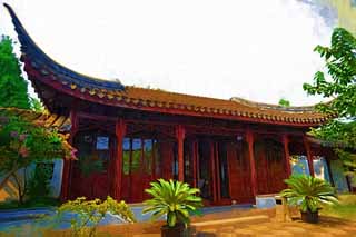illust, materiale, libero panorama, ritratto dipinto, matita di colore disegna a pastello, disegnando,Un vecchio edificio di Suzhou, tetto, pilastro, Io sono cinabro rosso, casa