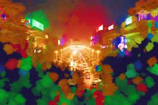 illust, matire, libre, paysage, image, le tableau, crayon de la couleur, colorie, en tirant,La rue principale  une tour de la cloche, Chang'an, voiture, Illumination, vue de la nuit
