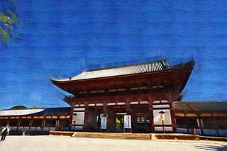 illust, matire, libre, paysage, image, le tableau, crayon de la couleur, colorie, en tirant,La porte de Temple Todai-ji a construit entre la porte principale et la maison principale de l'architecture palais-appele dans la priode Fujiwara, La porte, btiment en bois, Bouddhisme, temple