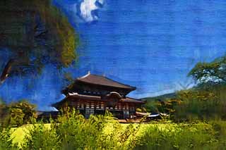 illust, materiale, libero panorama, ritratto dipinto, matita di colore disegna a pastello, disegnando,Il tempio di Todai-ji Hall del grande Budda, grande statua di Budda, edificio di legno, Buddismo, tempio