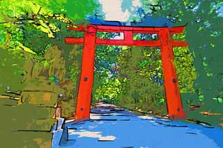 Illust, materieel, vrij, landschap, schilderstuk, schilderstuk, kleuren potlood, crayon, werkje,Een weg met de torii, Torii, Een benadering van een heiligdom, Ik word in rood geschilderd, De schaduwplek van een boom