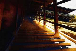 illust, materiale, libero panorama, ritratto dipinto, matita di colore disegna a pastello, disegnando,La scalinata di pietra di Nigatsu-faccia Hall, prenda a sassate scalinata, pilastro, tetto, Gradini