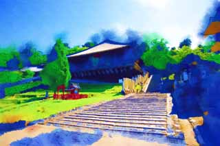 illustration,material,free,landscape,picture,painting,color pencil,crayon,drawing,Look up at Nigatsu-do Hall, stone stairway, wooden building, Eaves, The water-drawing ceremony