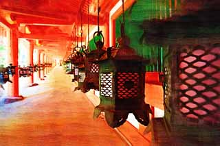 illustration,material,free,landscape,picture,painting,color pencil,crayon,drawing,Kasuga Taisha Shrine corridor, Shinto, Shinto shrine, I am painted in red, garden lantern