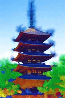 illust, material, livram, paisagem, quadro, pintura, lpis de cor, creiom, puxando,Templo de Kofuku-ji cinco pagode de Storeyed, Budismo, edifcio de madeira, Cinco pagode de Storeyed, herana mundial