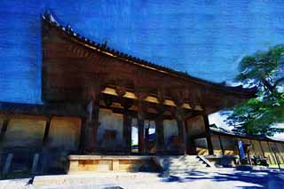 illust, material, livram, paisagem, quadro, pintura, lpis de cor, creiom, puxando,Templo de Horyu-ji Namdaemun, Budismo, Namdaemun, telhado, azulejo