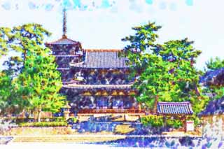 Illust, materieel, vrij, landschap, schilderstuk, schilderstuk, kleuren potlood, crayon, werkje,Horyu-ji Tempel, Boeddhisme, Poort gebouwde tussen de hoofdschuif en het belangrijkste huis van de paleis-in model knipte architectuur in de Fujiwara tijdvak, Vijf Storeyed Pagoda, Ht direct toegankelijk