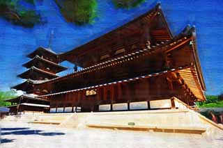 illust, material, livram, paisagem, quadro, pintura, lpis de cor, creiom, puxando,Templo de Horyu-ji, Budismo, escultura, Cinco pagode de Storeyed, Um templo interno