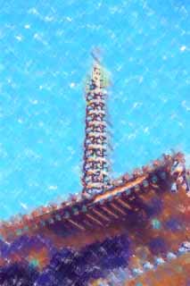 illustration,material,free,landscape,picture,painting,color pencil,crayon,drawing,Five Storeyed Pagoda tip, Buddhism, Five Storeyed Pagoda, wooden building, blue sky