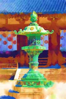 Illust, materieel, vrij, landschap, schilderstuk, schilderstuk, kleuren potlood, crayon, werkje,Horyu-ji Tempel tuin lantaarn, Boeddhisme, Tuinier lantaarn, Hollyhock mon, Brons