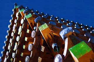 illust, materiale, libero panorama, ritratto dipinto, matita di colore disegna a pastello, disegnando,Guardi su a Cinque Pagoda di Storeyed, Buddismo, Cinque pagoda di Storeyed, edificio di legno, cielo blu