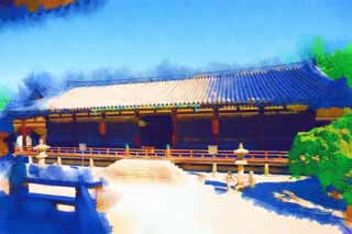 illust, material, livram, paisagem, quadro, pintura, lpis de cor, creiom, puxando,Horyu-ji Templo relicrio corredor / quadro, Budismo, corredor de relicrio, Quadro, edifcio de madeira