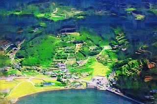 illustration,material,free,landscape,picture,painting,color pencil,crayon,drawing,A farm village of Nagasaki, The country, mandarin orange, The sea, Aerial photography