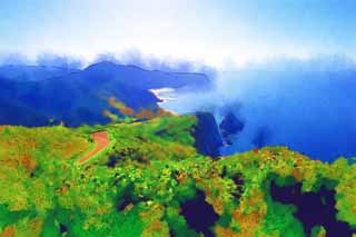 illustration,material,free,landscape,picture,painting,color pencil,crayon,drawing,Power Ozaki whole view, cliff, The sea, blue sky, The East China Sea