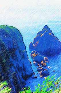 illust, matire, libre, paysage, image, le tableau, crayon de la couleur, colorie, en tirant,Une falaise  la Mer de Chine Est, falaise, La mer, ciel bleu, La mer de Chine est