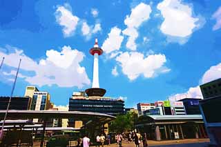 illustration,material,free,landscape,picture,painting,color pencil,crayon,drawing,The Kyoto station square, blue sky, bus terminal, Kyoto Tower, cloud