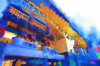 illust, materiale, libero panorama, ritratto dipinto, matita di colore disegna a pastello, disegnando,I Kyoto collocano ad angolo retto, cielo blu, ferrovia, stazione, cornice di acciaio