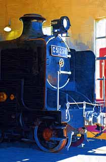 illust, matire, libre, paysage, image, le tableau, crayon de la couleur, colorie, en tirant,Une vapeur locomotif, vapeur locomotif, train, roue motrice, Charbon